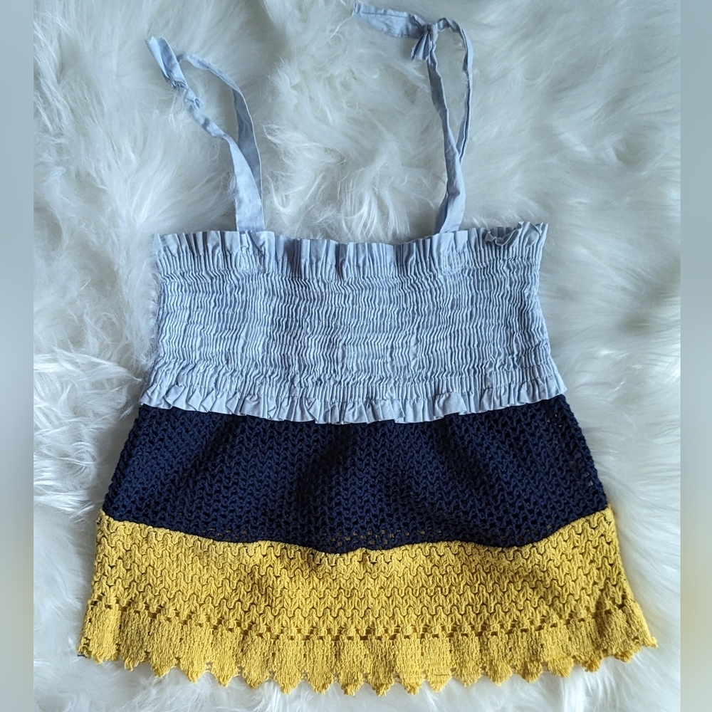 EUC ZARA Trafaluc Collection light blue/navy/yellow color block smocked crotchet